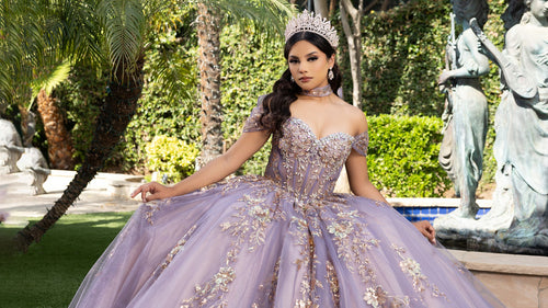 QuinceaƱera Ball Gown Off Shoulder Glitter Tulle Dress with 3D Floral AppliquƩs Long Train by Layla K LK292