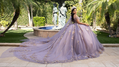 QuinceaƱera Ball Gown Off Shoulder Glitter Tulle Dress with 3D Floral AppliquƩs Long Train by Layla K LK292