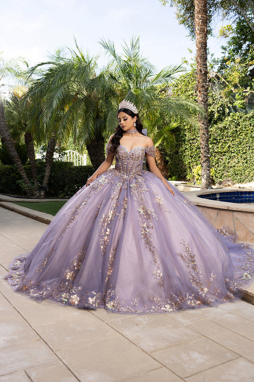 QuinceaƱera Ball Gown Off Shoulder Glitter Tulle Dress with 3D Floral AppliquƩs Long Train by Layla K LK292