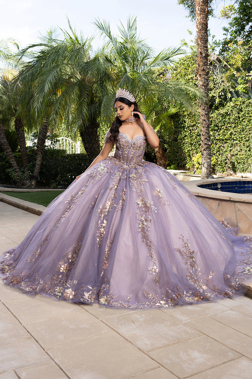 QuinceaƱera Ball Gown Off Shoulder Glitter Tulle Dress with 3D Floral AppliquƩs Long Train by Layla K LK292