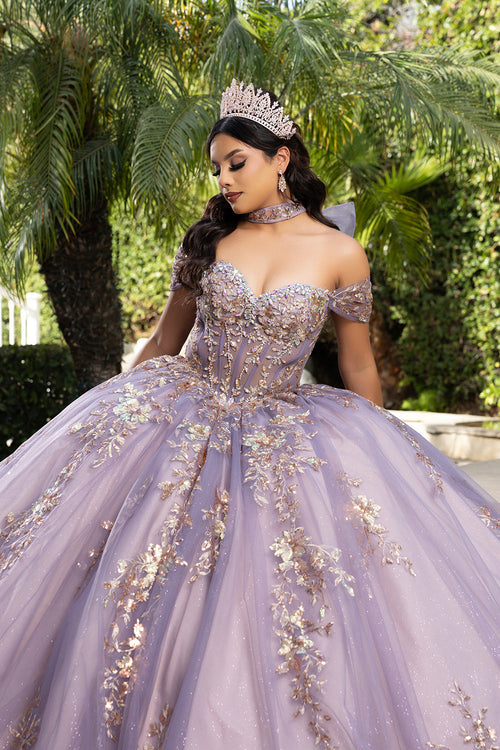 QuinceaƱera Ball Gown Off Shoulder Glitter Tulle Dress with 3D Floral AppliquƩs Long Train by Layla K LK292