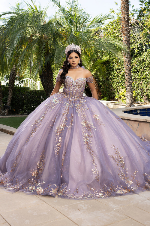 QuinceaƱera Ball Gown Off Shoulder Glitter Tulle Dress with 3D Floral AppliquƩs Long Train by Layla K LK292