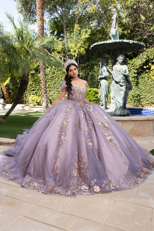 QuinceaƱera Ball Gown Off Shoulder Glitter Tulle Dress with 3D Floral AppliquƩs Long Train by Layla K LK292