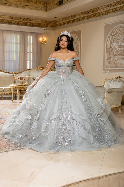 Off-Shoulder Quinceañera Ball Gown with Beaded Corset Long Train & Back Bow By Layla K LK293