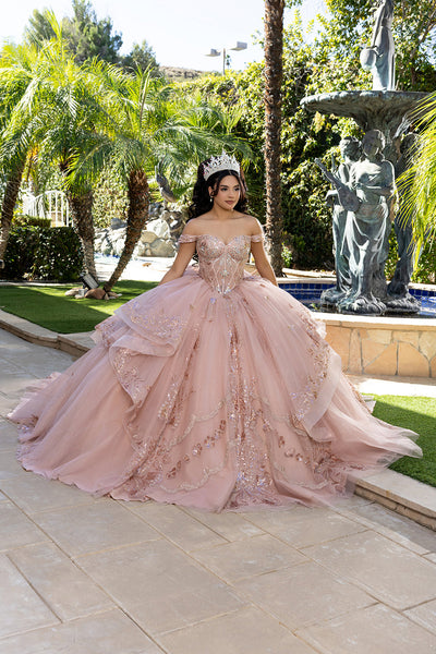 Off-Shoulder Quinceañera Ball Gown with Beaded Corset Long Train & Back Bow By Layla K LK293