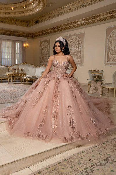 Quinceañera Ball Gown with Beaded Corset Bodice Glitter Tulle Skirt & Crystal Tiara By Layla K LK294