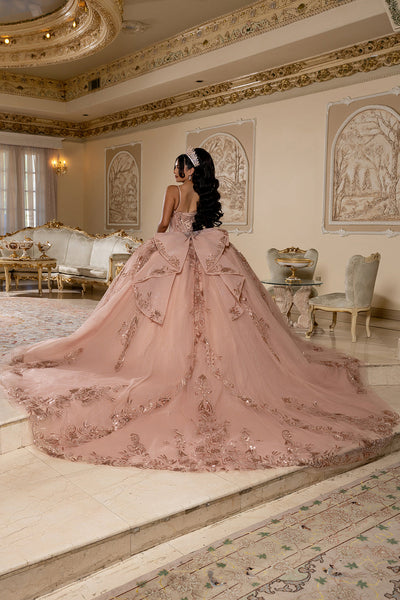 Quinceañera Ball Gown with Beaded Corset Bodice Glitter Tulle Skirt & Crystal Tiara By Layla K LK294