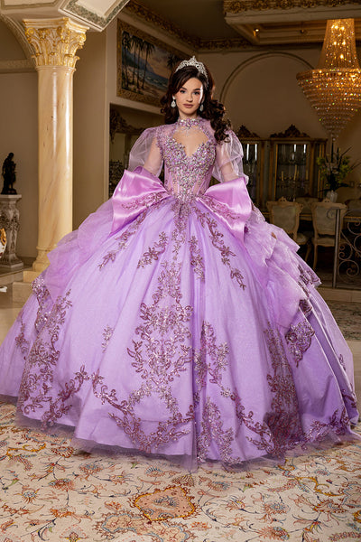 Sweetheart Long Sheer Puff Sleeve Beaded Corset Tiered Ruffle Ball Gown by Layla K LK299