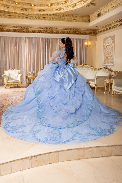 Sweetheart Long Sheer Puff Sleeve Beaded Corset Tiered Ruffle Ball Gown by Layla K LK299