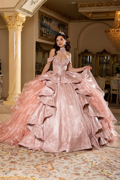 Off-Shoulder Beaded Corset Tiered Ruffle Ball Gown with Detachable Collar by Layla K LK300