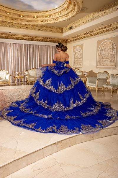 Off-Shoulder Sweetheart Corset Embroidered Tiered Ruffle Ballgown with Back Bow by Layla K LK302