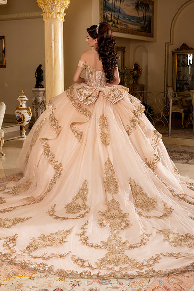 Off-Shoulder Embroidered Illusion Corset Glitter Tulle Quinceañera Gown by Layla K LK303