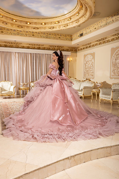 Off-Shoulder Satin Corset Tiered Ruffle Ball Gown Quinceañera Dress by Layla K LK312