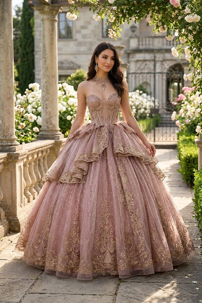 Sleeveless Sweetheart Beaded Corset Tiered Lace Ball Gown Quinceañera Dress by Layla K LK316