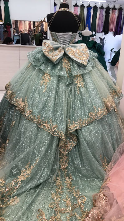 Sleeveless Sweetheart Beaded Corset Tiered Lace Ball Gown Quinceañera Dress by Layla K LK316