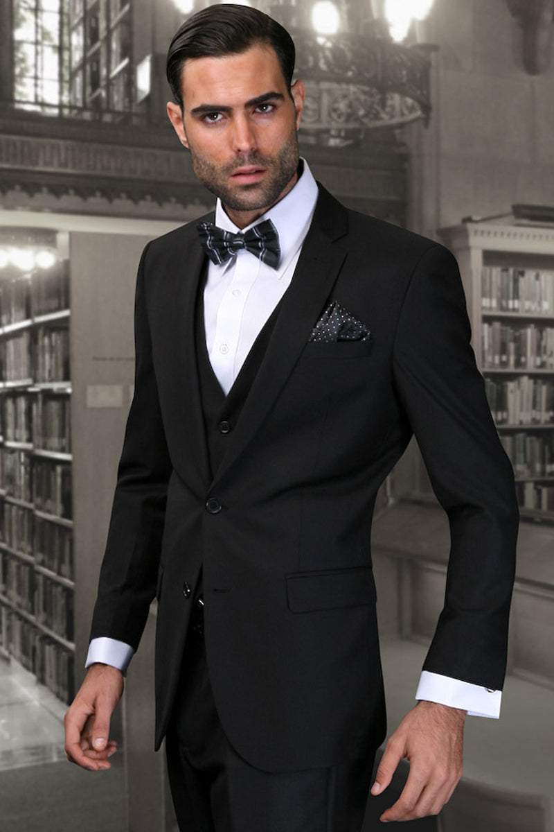 Men's Slim Fit Vested Wool Suit in Black