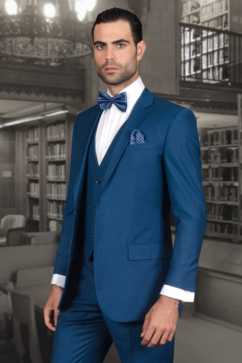 Men's Slim Fit Vested Wool Wedding Suit in Blue
