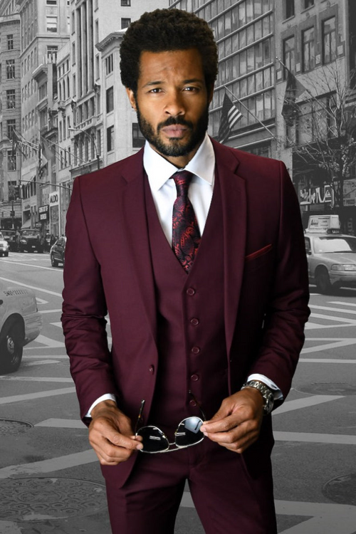Men's Burgundy Slim Fit Wool Vested Suit
