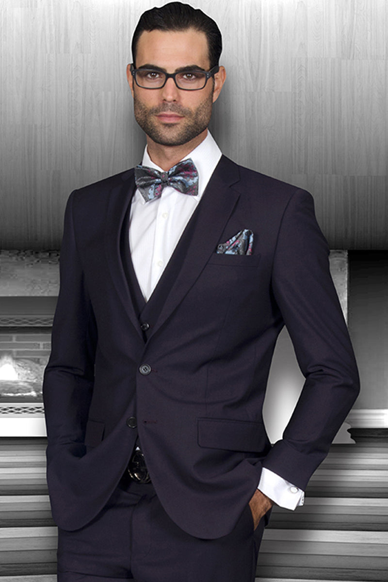 Men's Slim Fit Vested Wool Suit in Eggplant Purple
