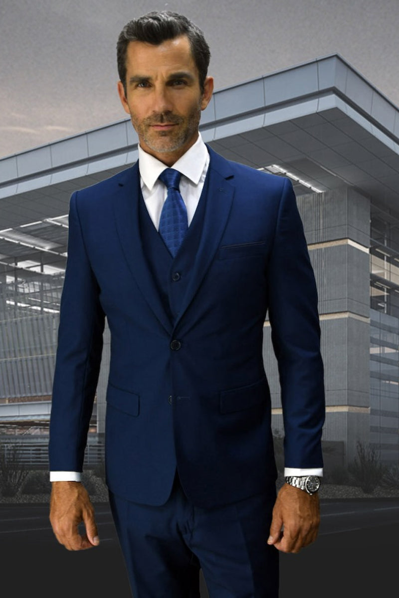 Men's Sapphire Blue Slim Fit Vested Wool Suit
