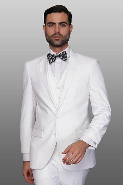 Men's Slim Fit Vested Wool Wedding Suit in White