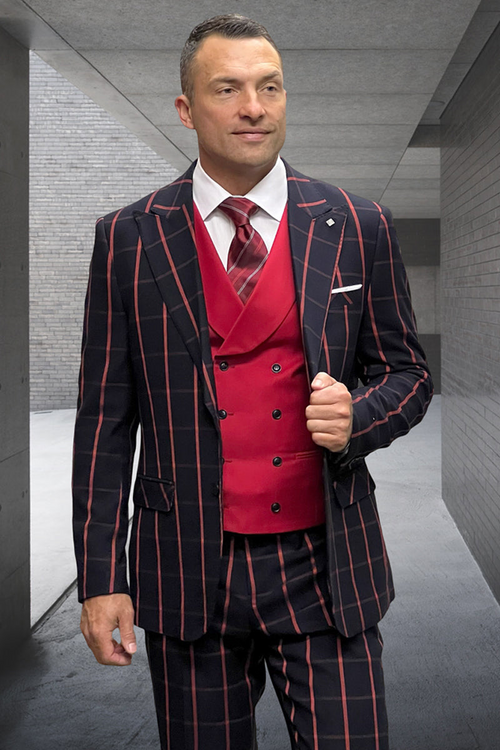 Men's Bold Vested Wool Suit in Black & Red Windowpane