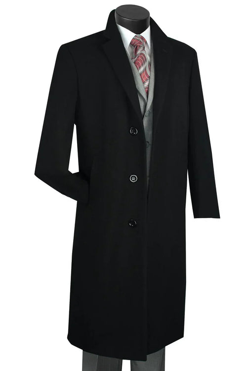 Men's Black Wool & Cashmere Overcoat - Classic Full Length Topcoat USA Men's Outlet