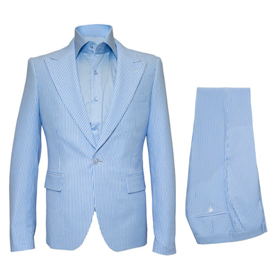 Seersucker Suit Peak Lapel Suit in Color "BLUE" - Summer Fabric Tone on Tone Shadow Stripe By Rossiman