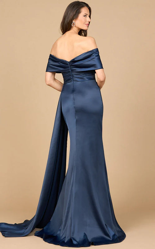 Lara 28945 Off Shoulder Satin Formal Dress Long Side Cape Mother of the Bride Dress