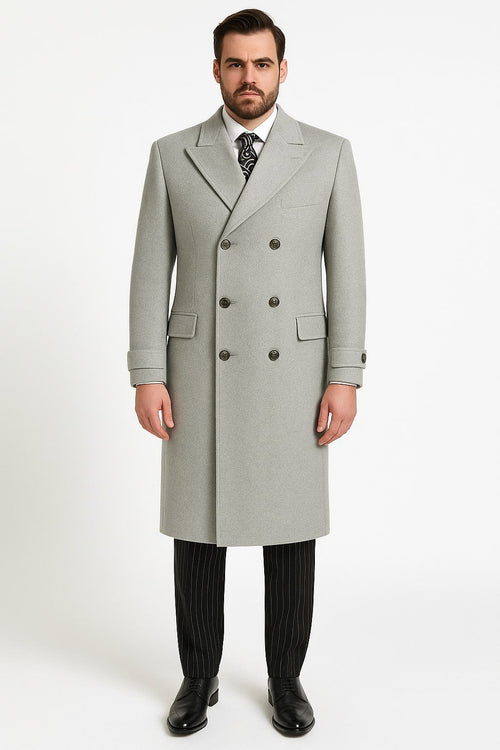 Mens Light Gray Double-Breasted Wool Overcoat - Classic Long Dress Coat for Winter by USA Men's Outlet