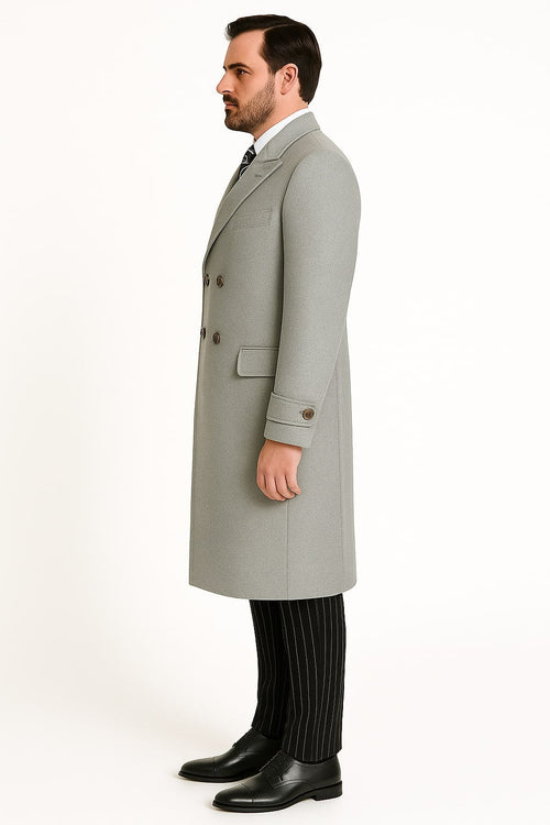 Mens Light Gray Double-Breasted Wool Overcoat - Classic Long Dress Coat for Winter by USA Men's Outlet