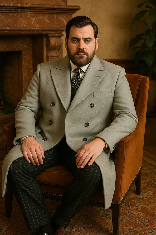 Mens Light Gray Double-Breasted Wool Overcoat - Classic Long Dress Coat for Winter by USA Men's Outlet