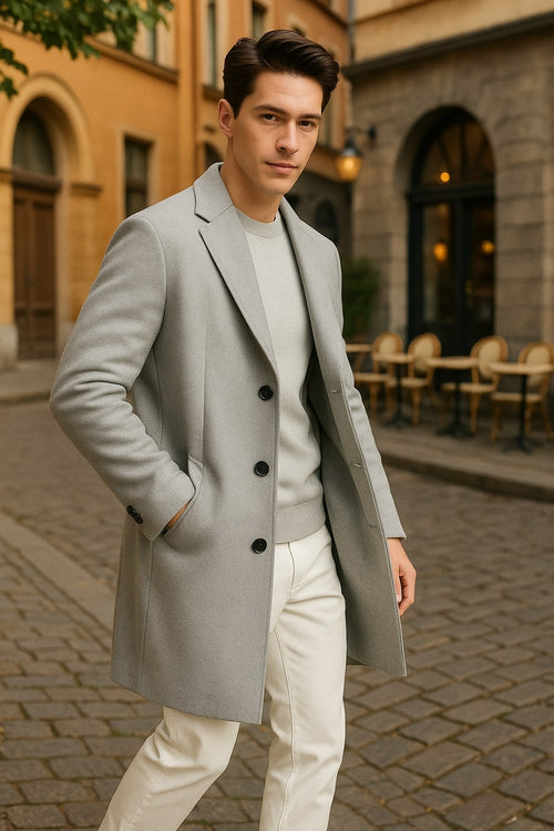 Mens Light Gray Wool Overcoat - Classic Single-Breasted Winter Coat by USA Men's Outlet