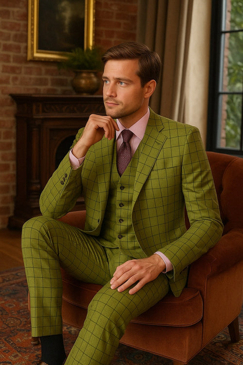 Mens Light Olive Green Three-Piece Plaid Suit with Notch Lapel - Sage Green Windowpane Pattern