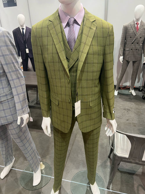 Mens Light Olive Green Three-Piece Plaid Suit with Notch Lapel - Sage Green Windowpane Pattern USA Men's Outlet