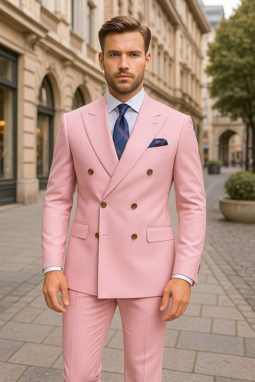 Mens Light Pink Double-Breasted Suit with Gold Buttons - 2-Piece Slim Fit Set by USA Men's Outlet