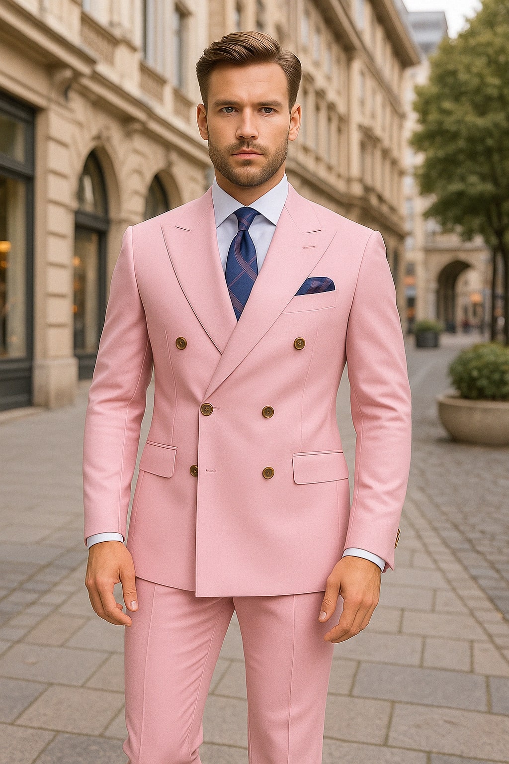 Mens Light Pink Double-Breasted Suit with Gold Buttons – 2-Piece Slim Fit Set