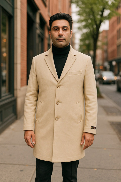 Mens Beige Wool Overcoat with Classic Notch Lapel and Single-Breasted Closure - Light Tan Sand Color by USA Men's Outlet