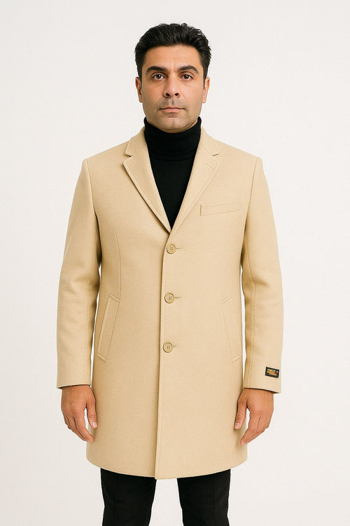 Mens Beige Wool Overcoat with Classic Notch Lapel and Single-Breasted Closure - Light Tan Sand Color by USA Men's Outlet