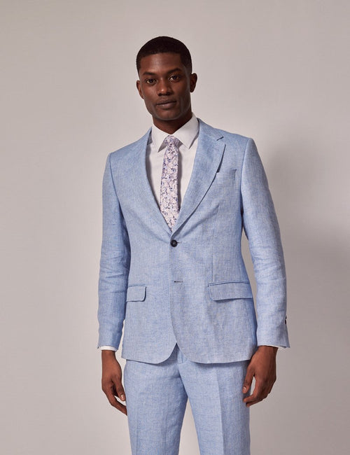 Mens Linen Suit For Beach Wedding - Summer Suit in Light Blue Herringbone - Men's Tuxedo USA