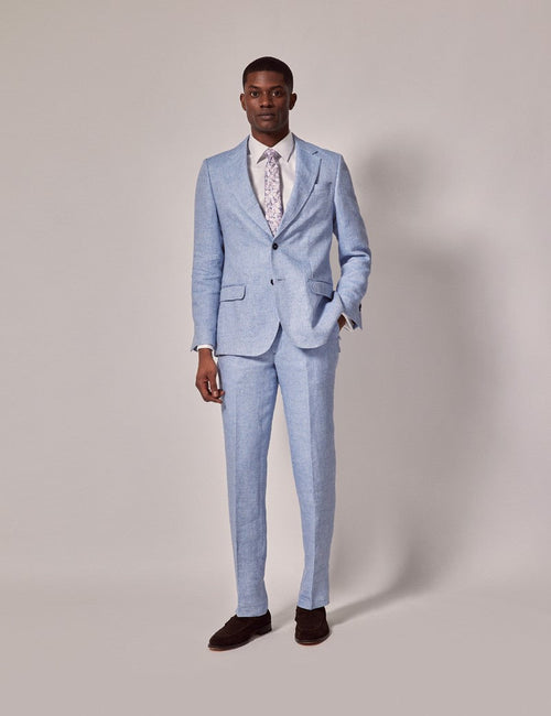 Mens Linen Suit For Beach Wedding - Summer Suit in Light Blue Herringbone - Men's Tuxedo USA