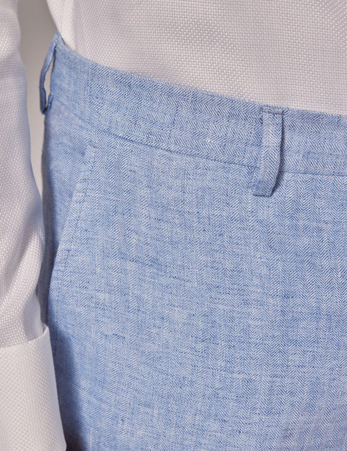 Mens Linen Suit For Beach Wedding - Summer Suit in Light Blue Herringbone - Men's Tuxedo USA