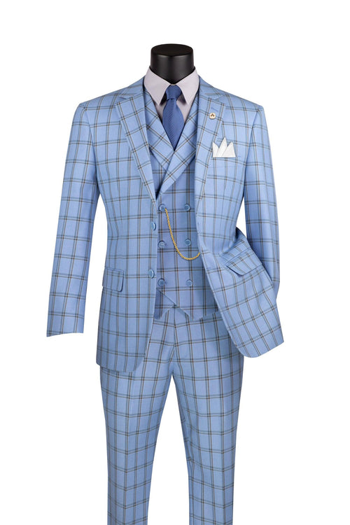 La Scale Collection-Windowpane Three Piece Suit - Light Blue by Vinci