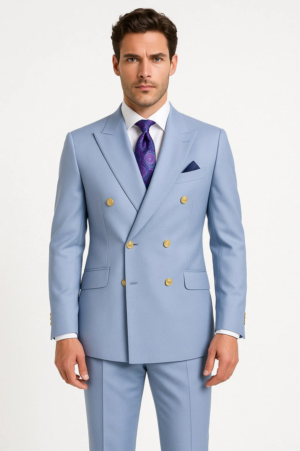 Mens Light Blue Double-Breasted Suits with Gold Button – Slim Fit 2-Piece Formal Set in Sky Blue Color – SuitUSA
