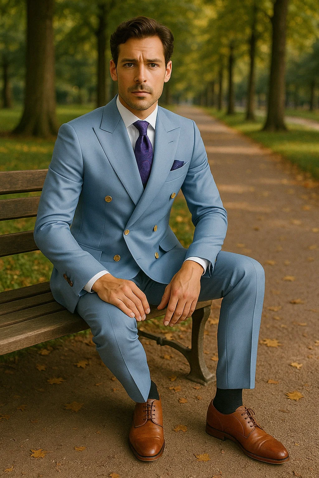 Mens Light Blue Double-Breasted Suits with Gold Button – Slim Fit 2-Piece Formal Set in Sky Blue Color