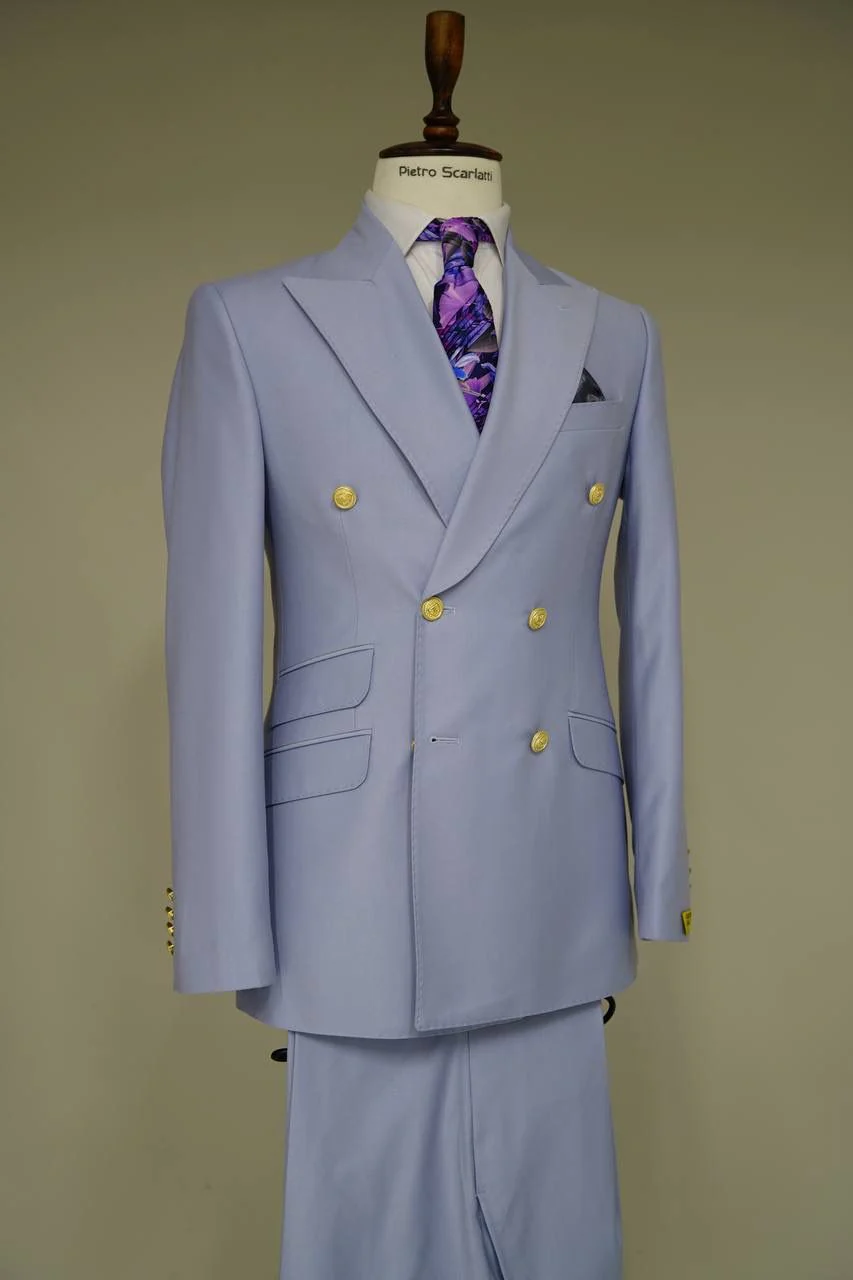 Mens Light Blue Double-Breasted Suits with Gold Button – Slim Fit 2-Piece Formal Set in Sky Blue Color