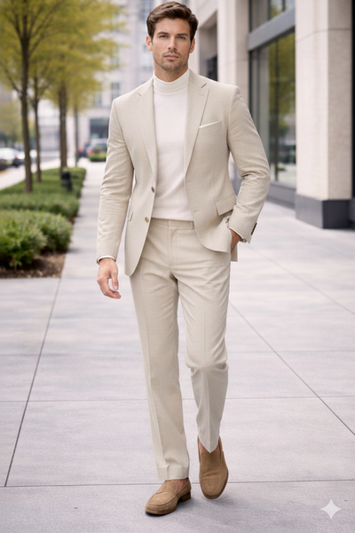 Linen Wedding Suit - Summer Fabric 2 Button Modern Fit No Pleated Pants Jacket + Pants in Color