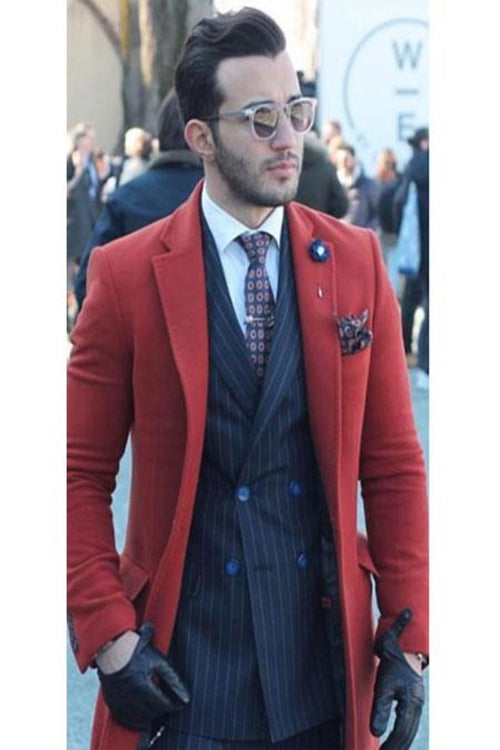 Mens Overcoat Red Mens Carcoat Long Jacket Three Quarter Wool Fabric Men's Car Coat by USA Men's Outlet