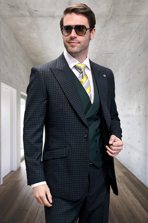 Men's Designer One Button Peak Lapel Vested Wool Suit in Hunter Green Mico Plaid Statement