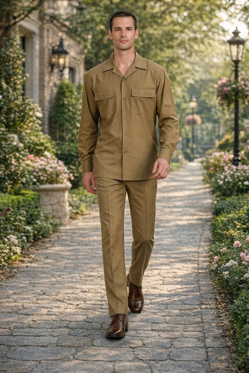 Mens Luxury Caramel Wool Two-Piece Leisure Walking Suit